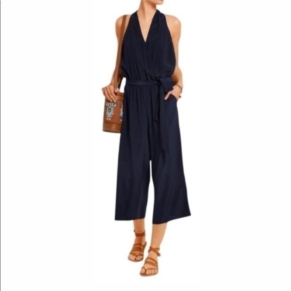 Tory Burch Campania Navy Blue Silk Belted Cropped Wide Leg Jumpsuit XS AB13